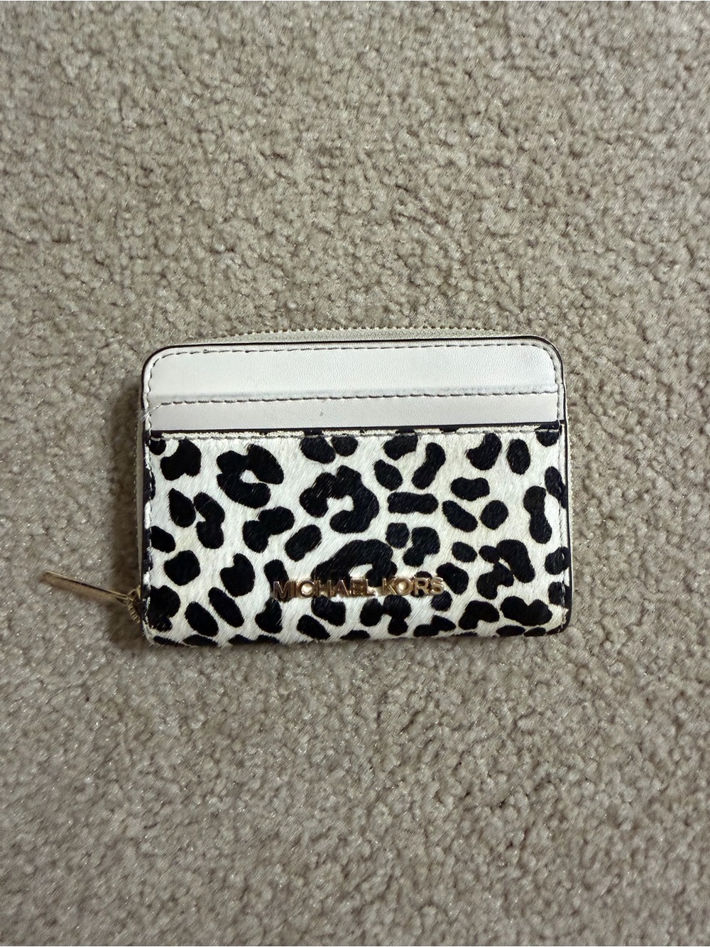 Michael Kors Black & White Leopard-Print Card Holder Wallet with Gold Logo